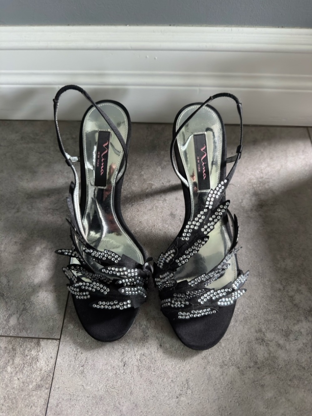 Nina Black Rhinestone Slingback Heels